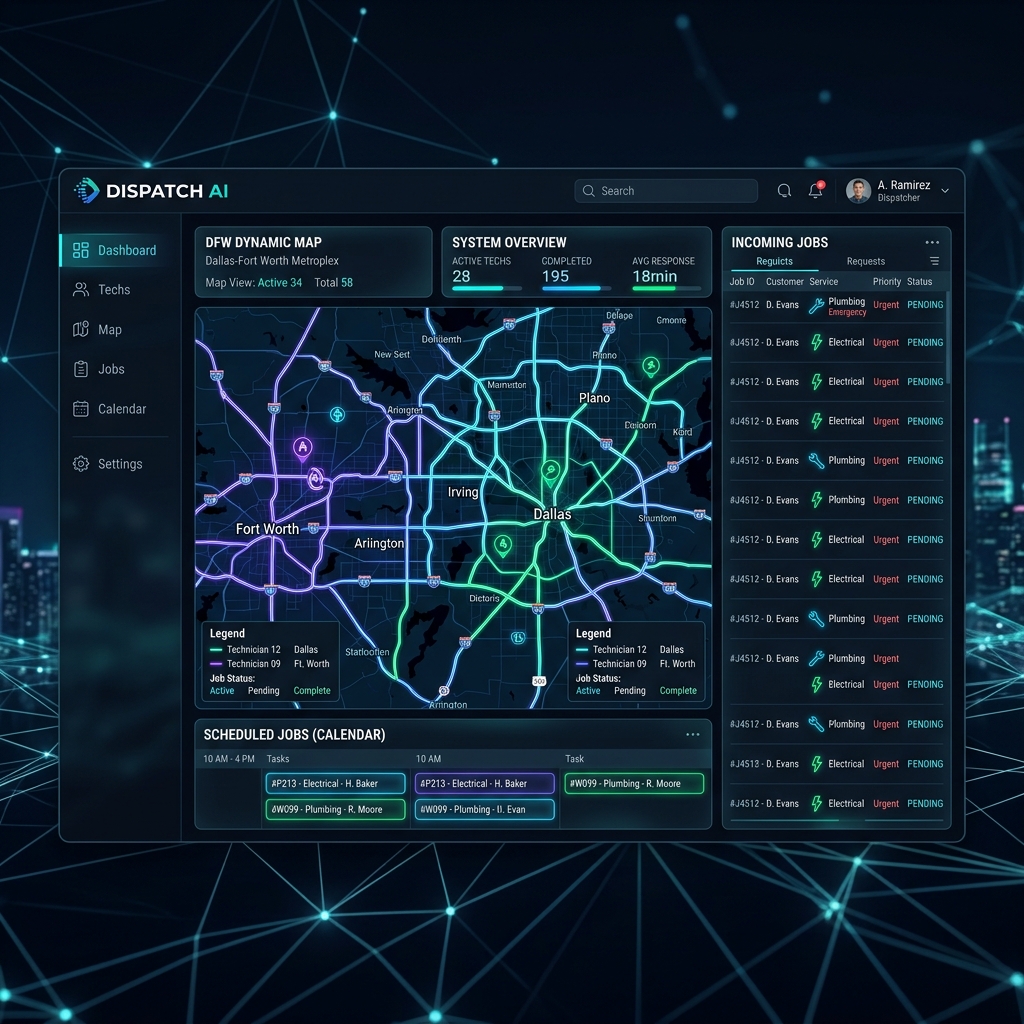 AI dispatch dashboard mockup for local service businesses